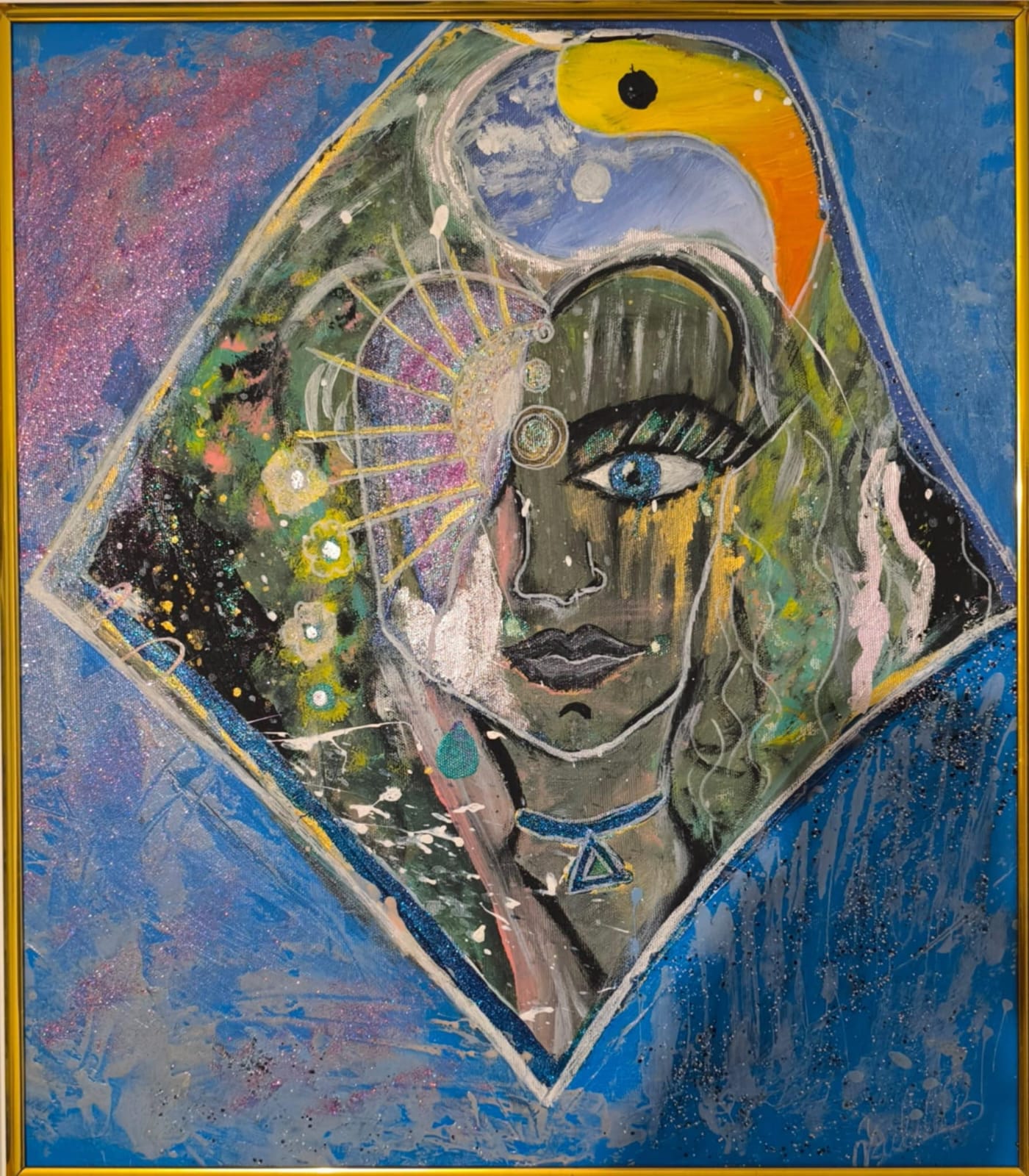 Original acrylic painting: a serene face inside a blue diamond with a bird above, on a sparkling blue background