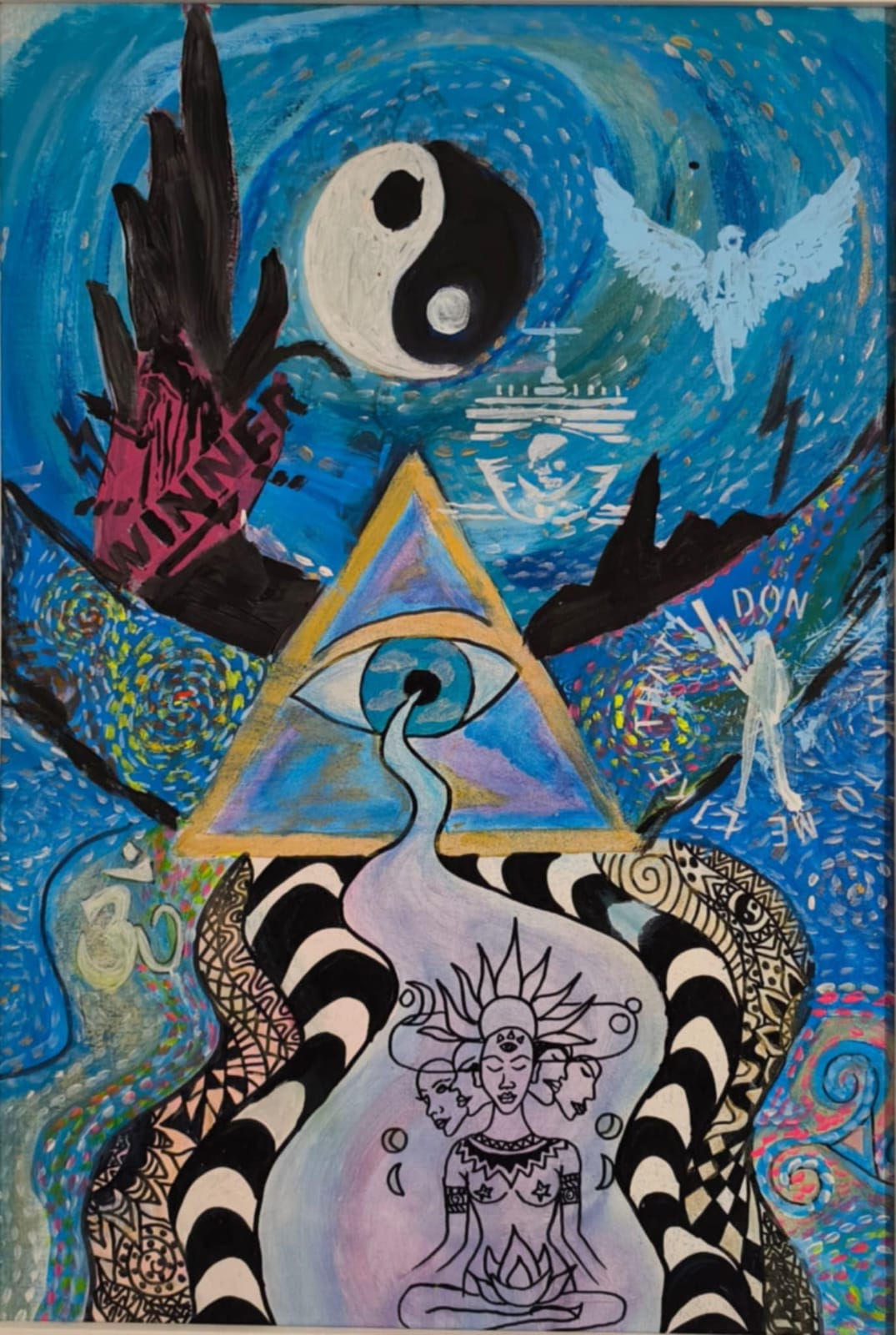 Original acrylic painting: a golden triangle with a watchful eye beneath a yin-yang moon over a swirling blue sea