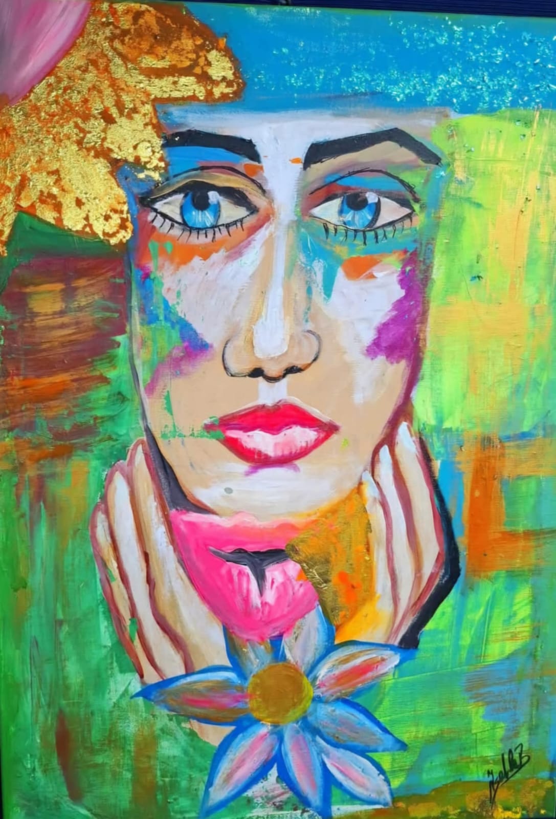 Original acrylic painting: a colorful face cradled by gentle hands with a blue flower, on a vibrant green background
