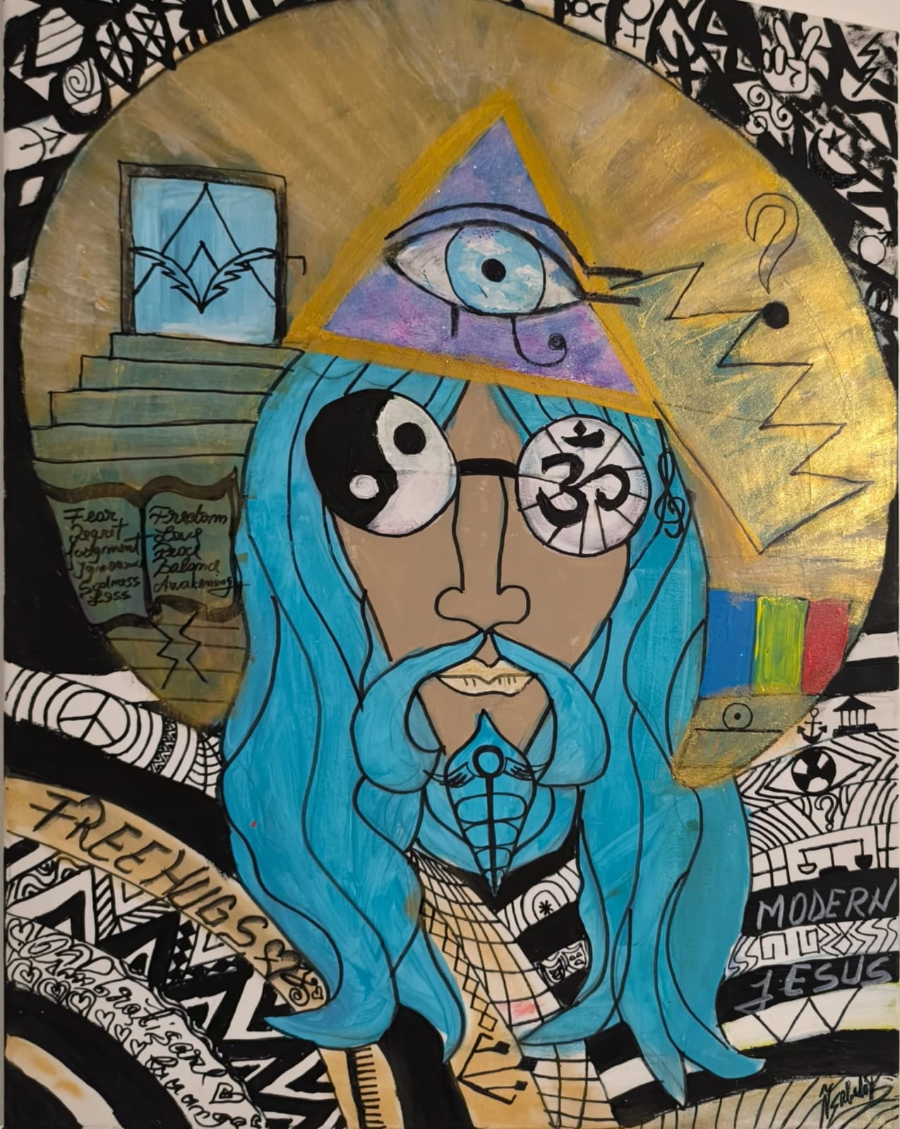 Original acrylic painting: a turquoise-haired figure wearing a golden all-seeing-eye cap against a black-and-white patterned background