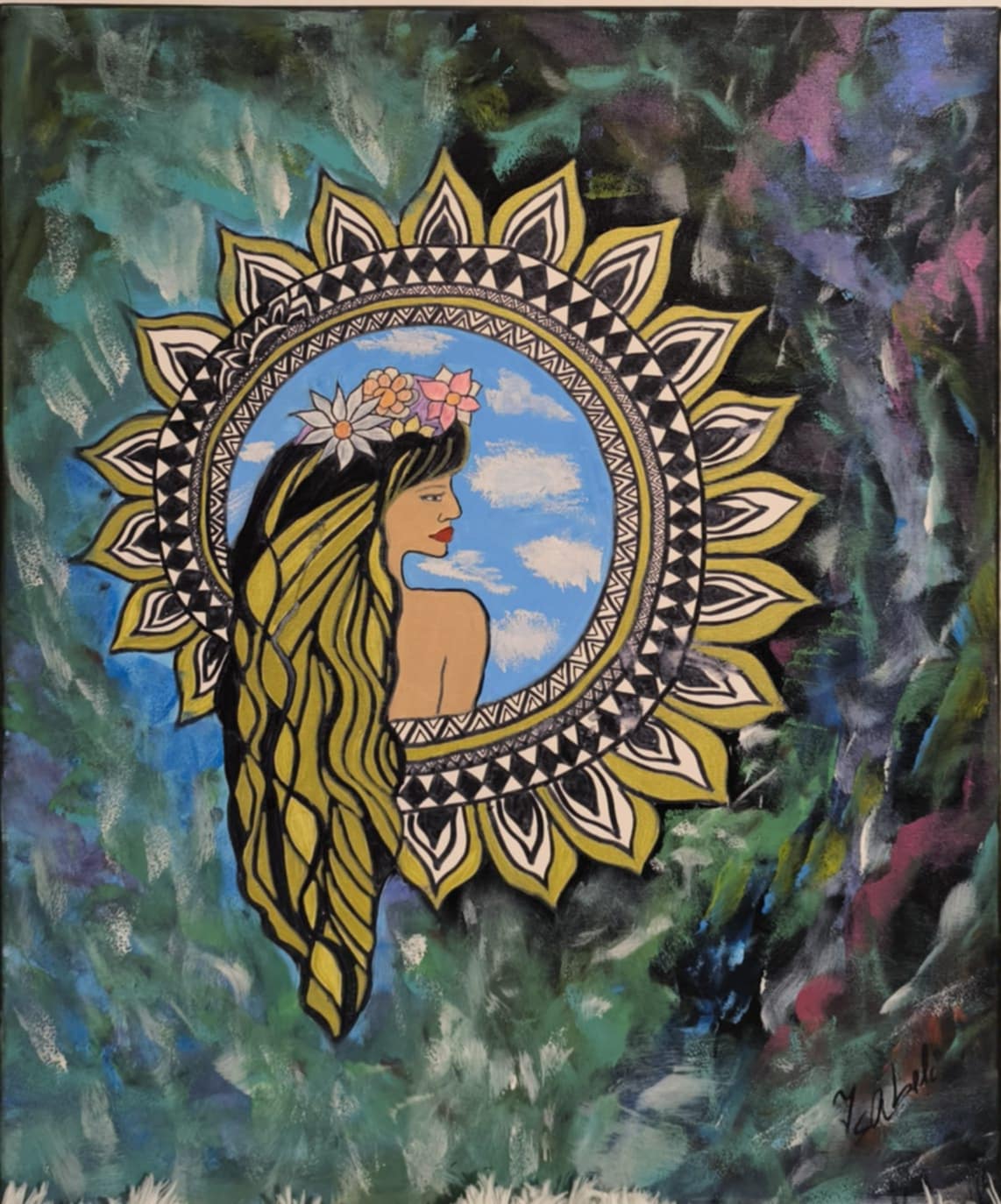 Original acrylic painting: a woman with flowing golden hair framed by a mandala sun against lush green foliage