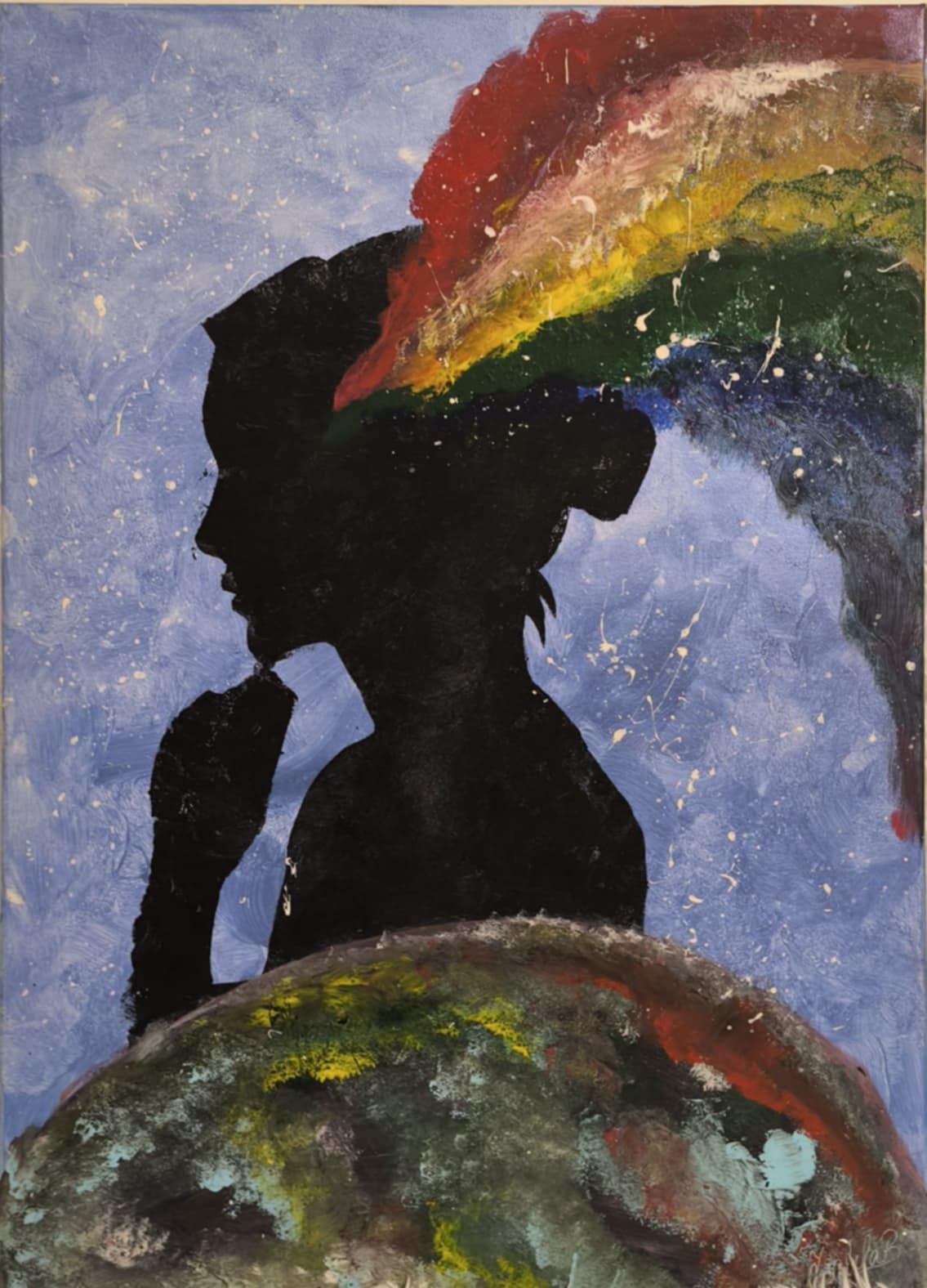 Original acrylic painting: a dark silhouette gazing up at a rainbow sky over a painted hill
