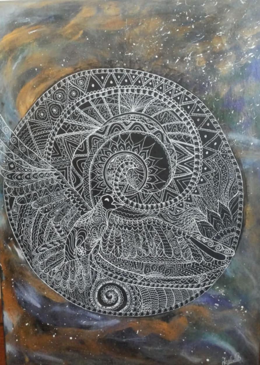 Original acrylic painting: an intricate black-and-white mandala with a whale spirit swimming through a starry night sky