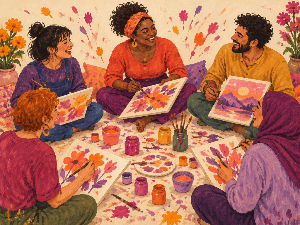 A small group of people sitting in a circle painting on canvases together, laughing and connecting